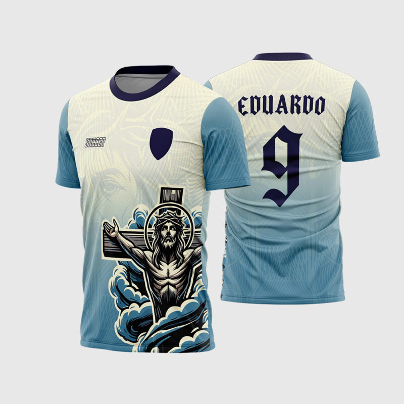 Mockup Frente e Costas Arte Vetor Camisa Interclasse Jesus Cristo com degradê creme e azul e ilustração de Jesus na cruz