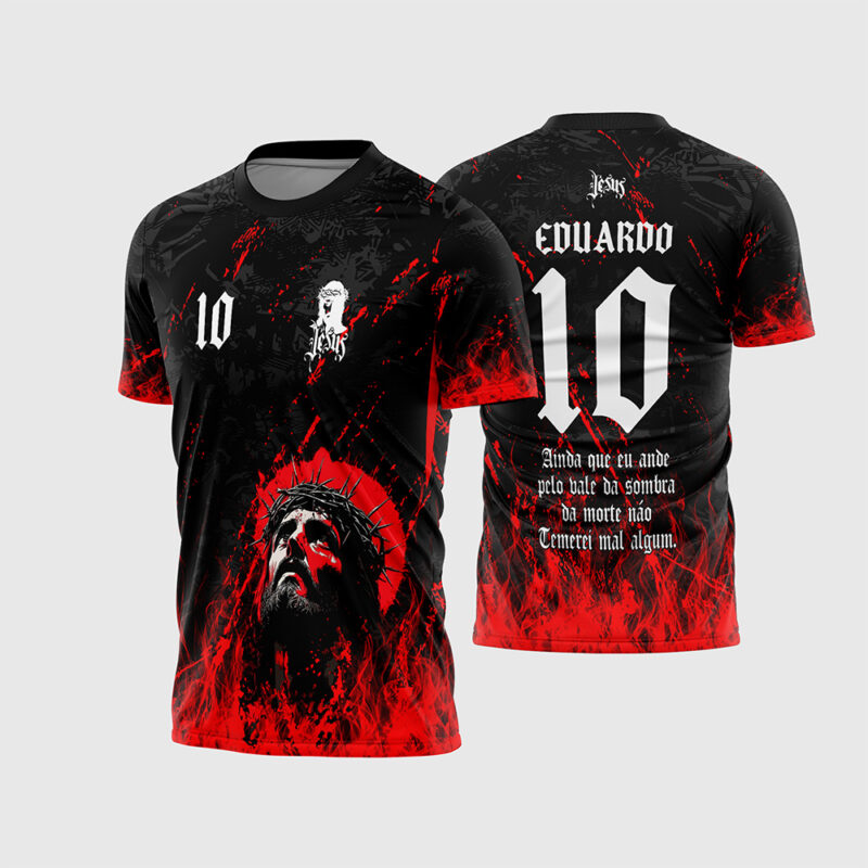 Mockup Frente e Costas Arte Vetor Camisa Interclasse Jesus Cristo Red 2025 com rosto de Jesus coroado e Salmo 23 nas costas em fonte gótica