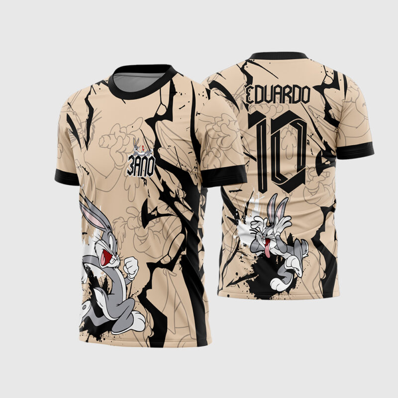 Mockup Camisa Interclasse Bege Pernalonga correndo com rachaduras e selo 3 Ano frente e costas