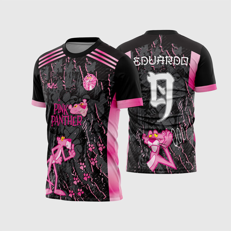 Mockup Frente e Costas Arte Vetor Camisa Pantera Cor de Rosa Interclasse v2 preta com listras nos ombros e pegadas rosa