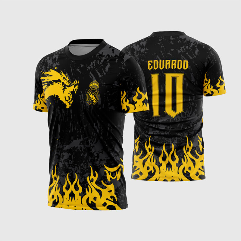 Mockup Frente e Costas Arte Vetor Camisa Para InterClasse Real Madrid Pincel Dragão Amarelo com fonte instalável
