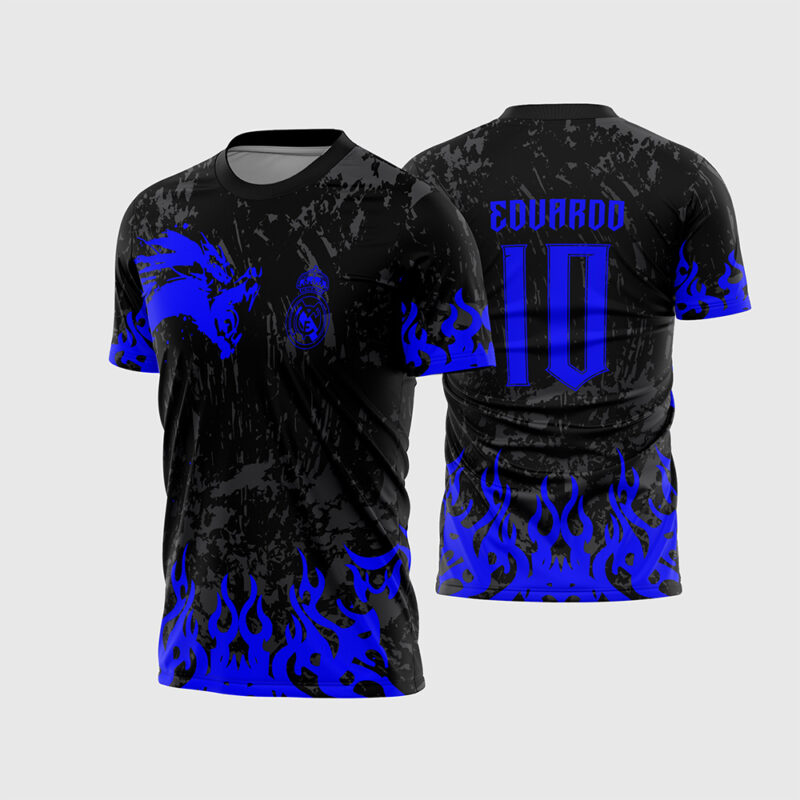 Mockup Frente e Costas Arte Vetor Camisa Para InterClasse Real Madrid Pincel Dragão Azul com fonte instalável