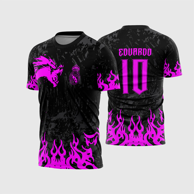 Mockup Frente e Costas Arte Vetor Camisa Para InterClasse Real Madrid Pincel Dragão Rosa com fonte instalável
