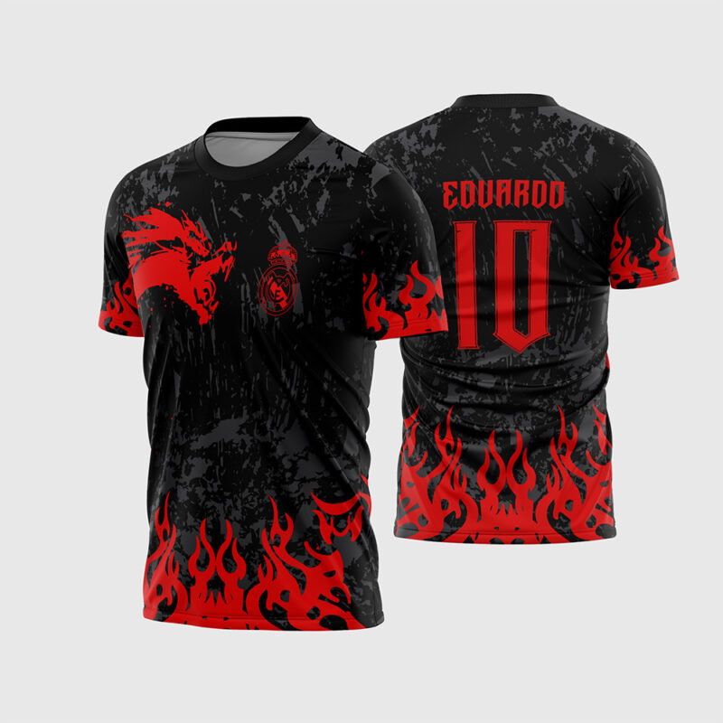 Mockup Frente e Costas Arte Vetor Camisa Para InterClasse Real Madrid Pincel Dragão Vermelho com fonte instalável