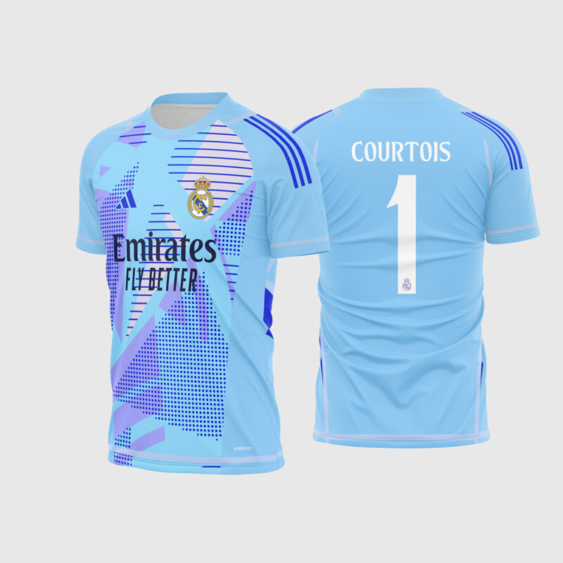Mockup Frente e Costas Arte Vetor Camisa Real Madrid 2024 - 2025 - Goleiro azul com fonte original instalável