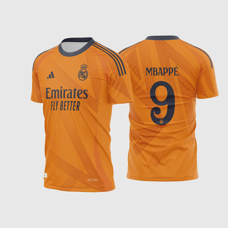 Mockup Frente e Costas Arte Vetor Camisa Real Madrid 2024 - 2025 - Reserva laranja com fonte original instalável