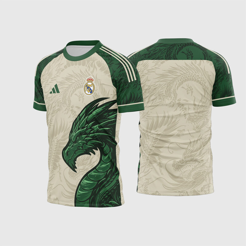Mockup Frente e Costas Arte Vetor Camisa Real Madrid Conceito bege com dragão verde e fonte instalável