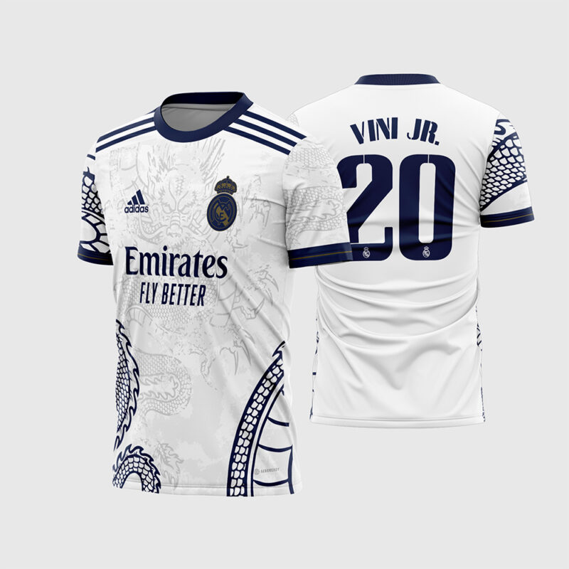 Mockup Frente e Costas Arte Vetor Camisa Real Madrid Dragão Chinês Branco 2022 com fonte original instalável