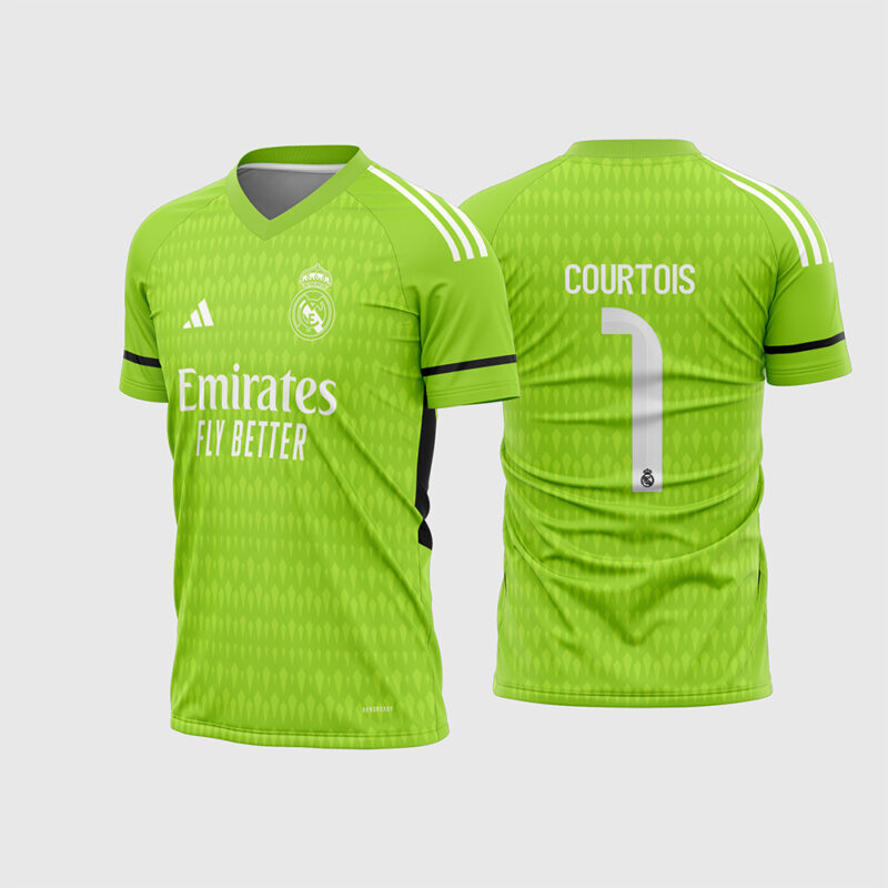 Mockup Frente e Costas Arte Vetor Camisa Real Madrid Goleiro 2023 2024 verde com fonte original instalável