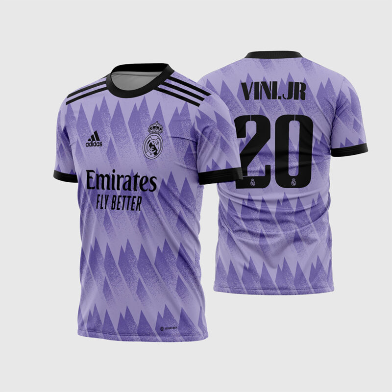 Mockup Frente e Costas Arte Vetor Camisa Real Madrid II 2022 - 2023 Roxa com fonte original instalável