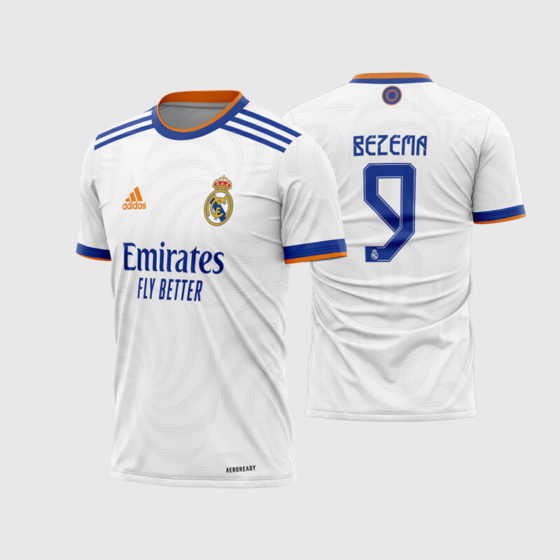 Mockup Frente e Costas Arte Vetor Camisa Real Madrid Local 2021-2022 branca com fonte original instalável