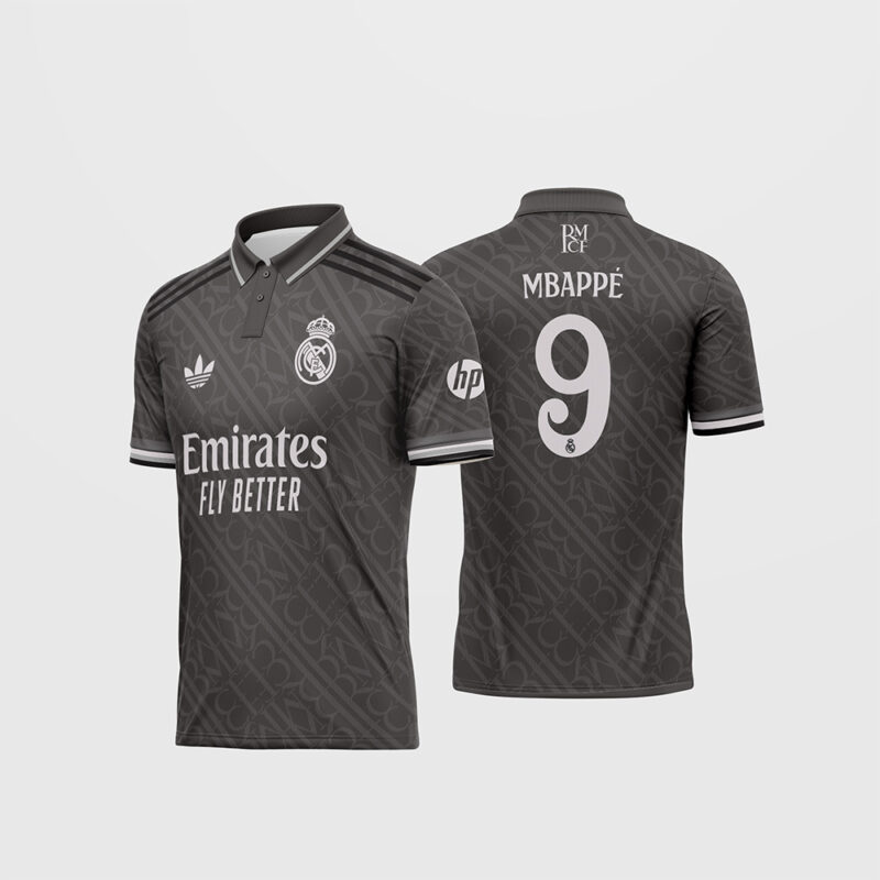 Mockup Frente e Costas Arte Vetor Camisa Real Madrid Terceira 2024 - 2025 cinza com monogramas e fonte instalável