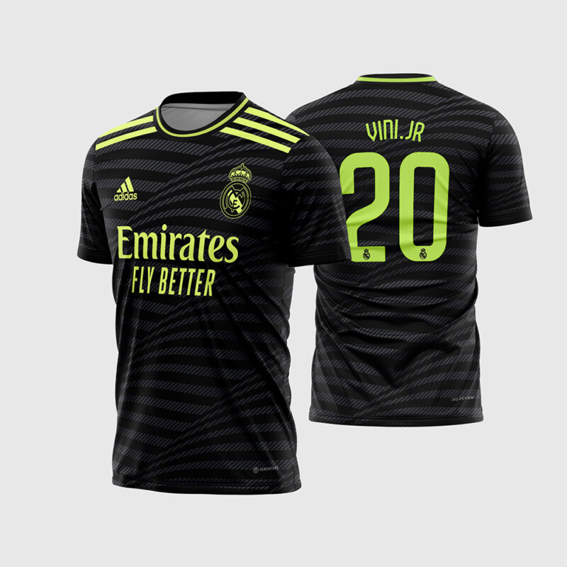 Mockup Frente e Costas Arte Vetor Camisa Real Madrid Third 2022 2023 preta com fonte original instalável