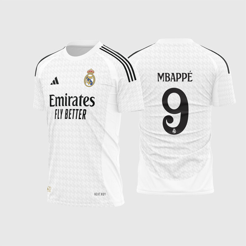 Mockup Frente e Costas Arte Vetor Camisa Real Madrid Titular 2024 - 2025 branca com detalhes pretos e fonte instalável