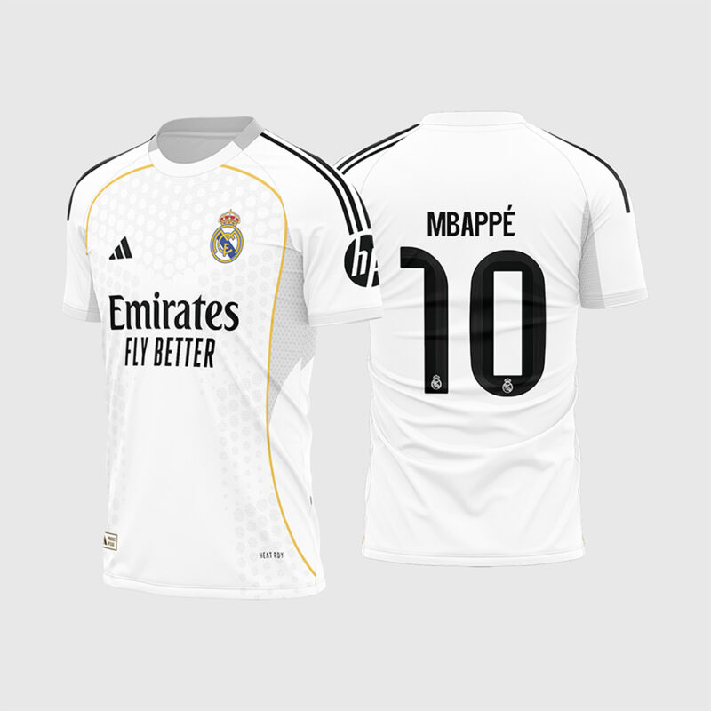 Mockup Frente e Costas Arte Vetor Camisa Real Madrid Titular 2025 2026 branca com detalhes roxos e fonte instalável