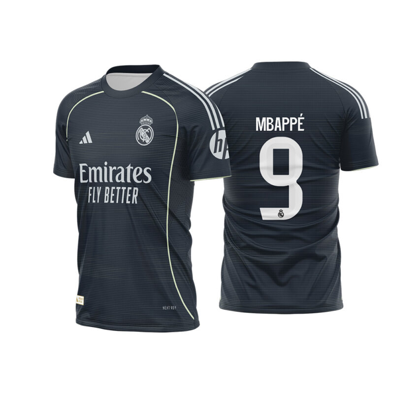 Mockup Frente e Costas Arte Vetor Camisa Real Madrid Visita 2025-2026 azul marinho com prata e fonte instalável
