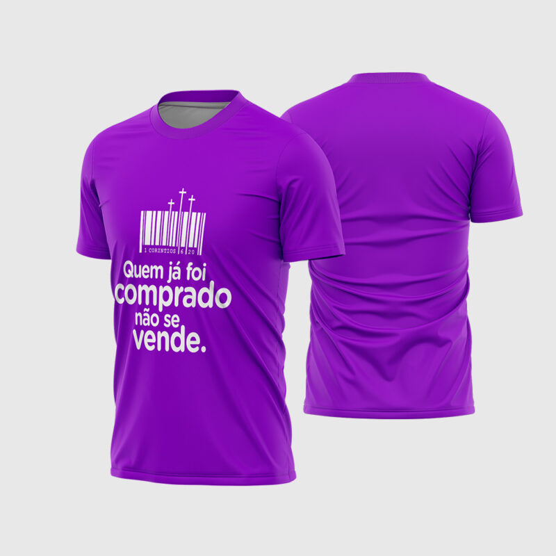 Mockup Frente e Costas Arte Vetor Camisa Religião 1 Corintios 6:20 - 2026 roxa com frase gospel e código de barras com cruzes