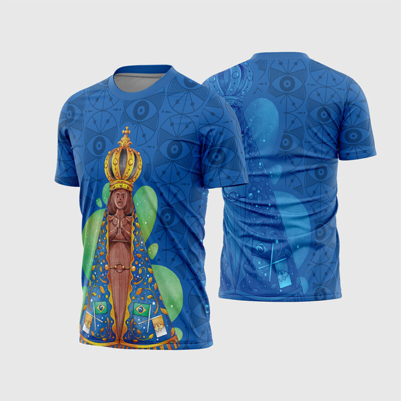Mockup Frente e Costas Arte Vetor Camisa Religião Azul - Nossa Senhora Aparecida com ilustração artística da Santa e fundo geométrico