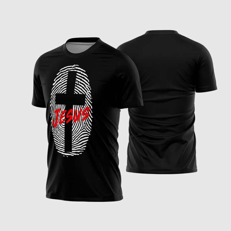 Mockup Frente e Costas Arte Vetor Camisa Religião Jesus - 2026 preta com estampa de impressão digital branca e cruz com texto vermelho