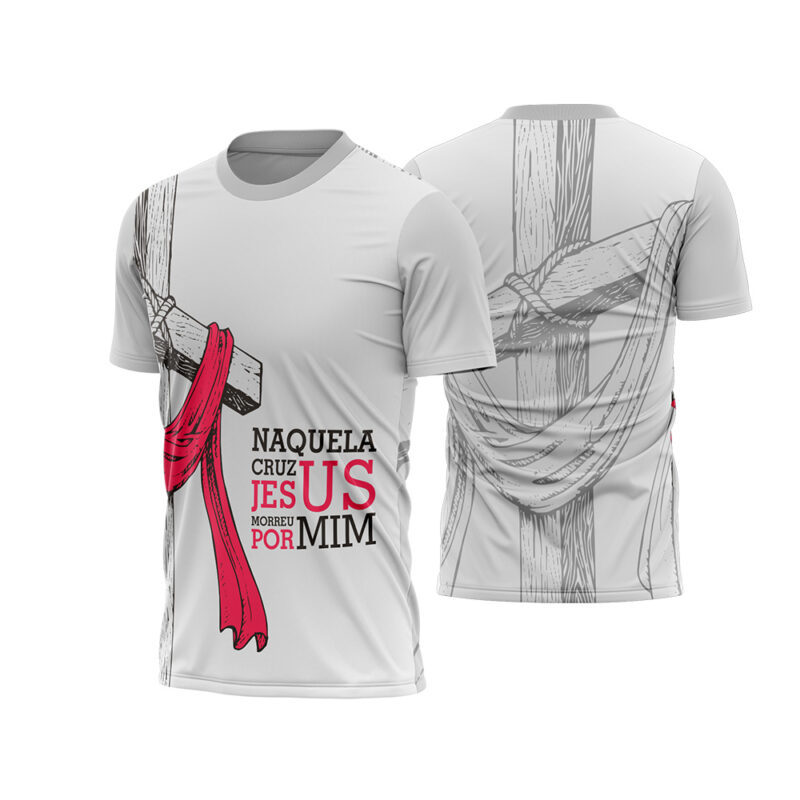Mockup Frente e Costas Arte Vetor Camisa Religião Jesus Morreu Por Mim - 2026 branca com desenho de cruz de madeira e tecido vermelho