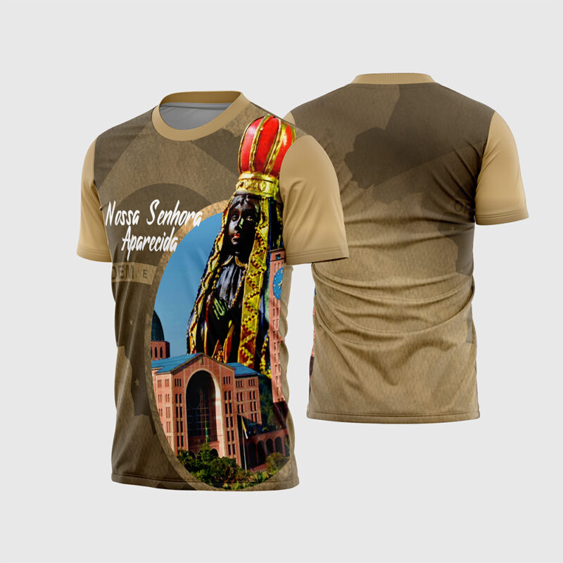 Mockup Frente e Costas Arte Vetor Camisa Religião - Nossa Senhora Aparecida tons de marrom e dourado com imagem da Santa e Basílica