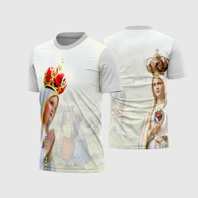 Mockup Frente e Costas Arte Vetor Camisa Religião - Nossa Senhora De Fátima 2026 branca com os três pastorinhos e Imaculado Coração de Maria