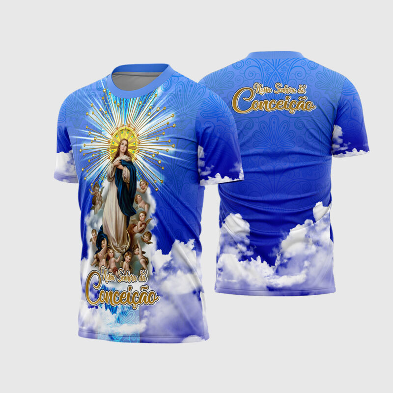 Mockup Camisa Religiosa Nossa Senhora Imaculada Conceição com manto azul frente e costas