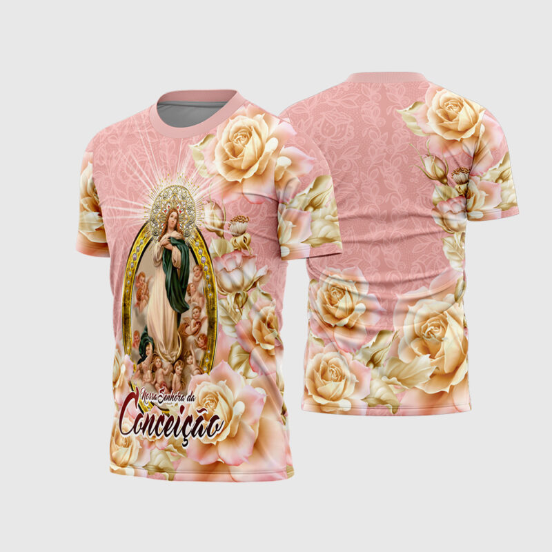 Mockup Frente e Costas Arte Vetor Camisa Religião - Nossa Senhora Imaculada Conceição - Modelo 02 rosa com rosas creme e medalhão dourado