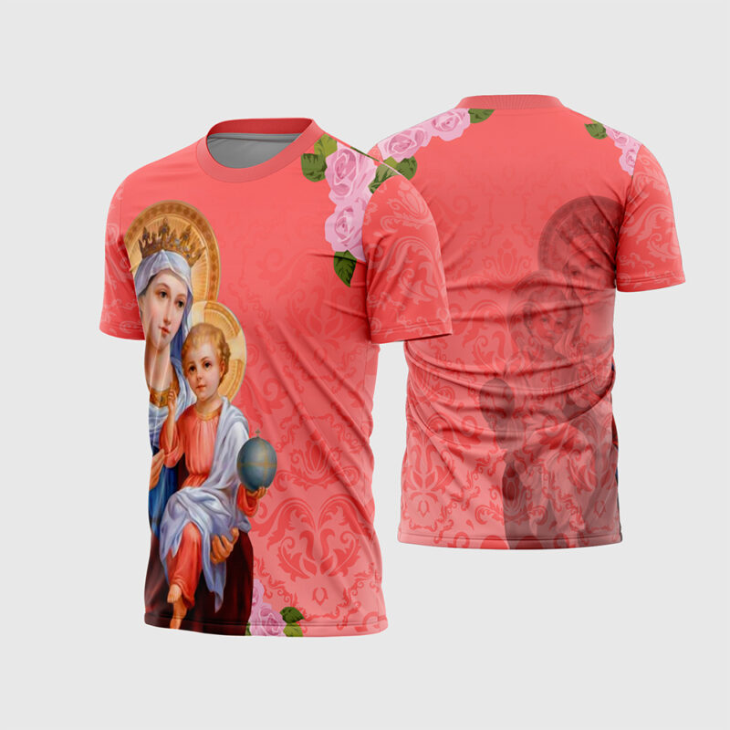 Mockup Frente e Costas Arte Vetor Camisa Religião Nossa Senhora do Perpétuo Socorro rosa coral com estampa de Maria, Jesus e rosas no ombro