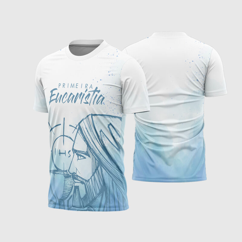 Mockup Frente e Costas Arte Vetor Camisa Religião - Primeira Eucaristia 2026 branca e azul com desenho de Jesus e cálice