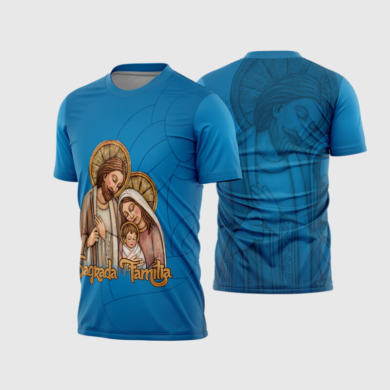 Mockup Frente e Costas Arte Vetor Camisa Religião Sagrada Família Modelo 01 amarela com ícone de Jesus, Maria e José