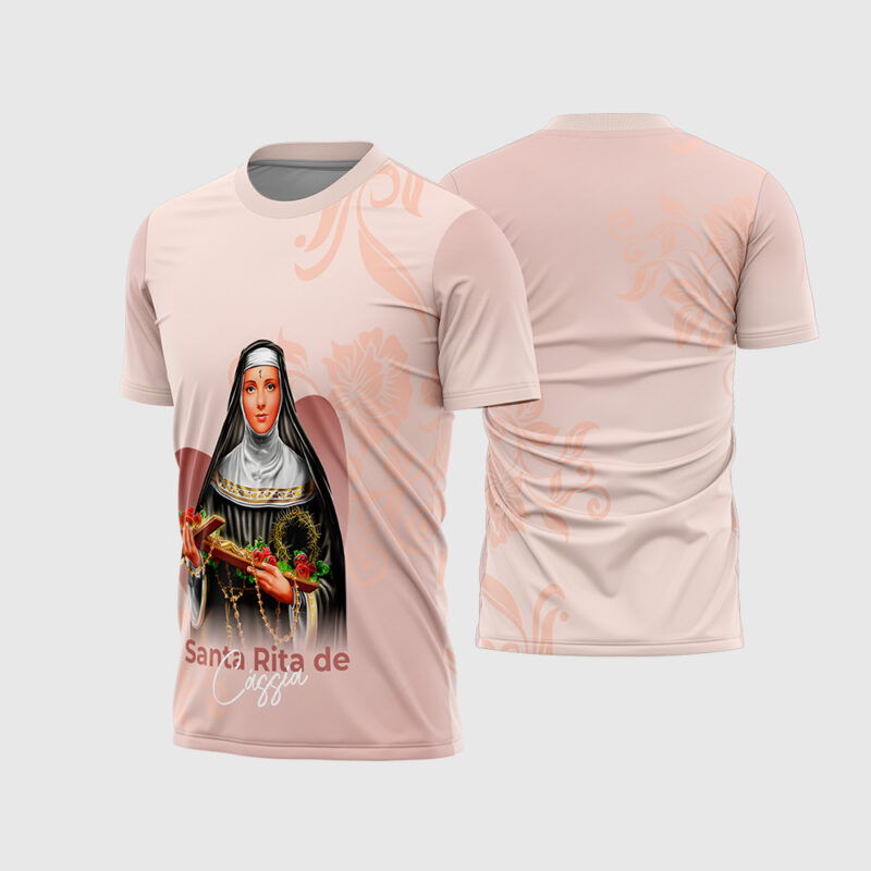 Mockup Frente e Costas Arte Vetor Camisa Religião - Santa Rita de Cassia 2026 rosa com ilustração da Santa segurando crucifixo e rosas