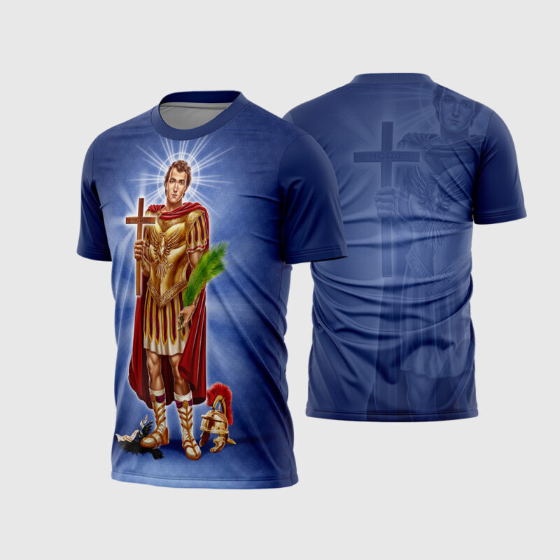 Mockup Frente e Costas Arte Vetor Camisa Religião - Santo Expedito 2026 azul com imagem de centurião romano e cruz Hodie
