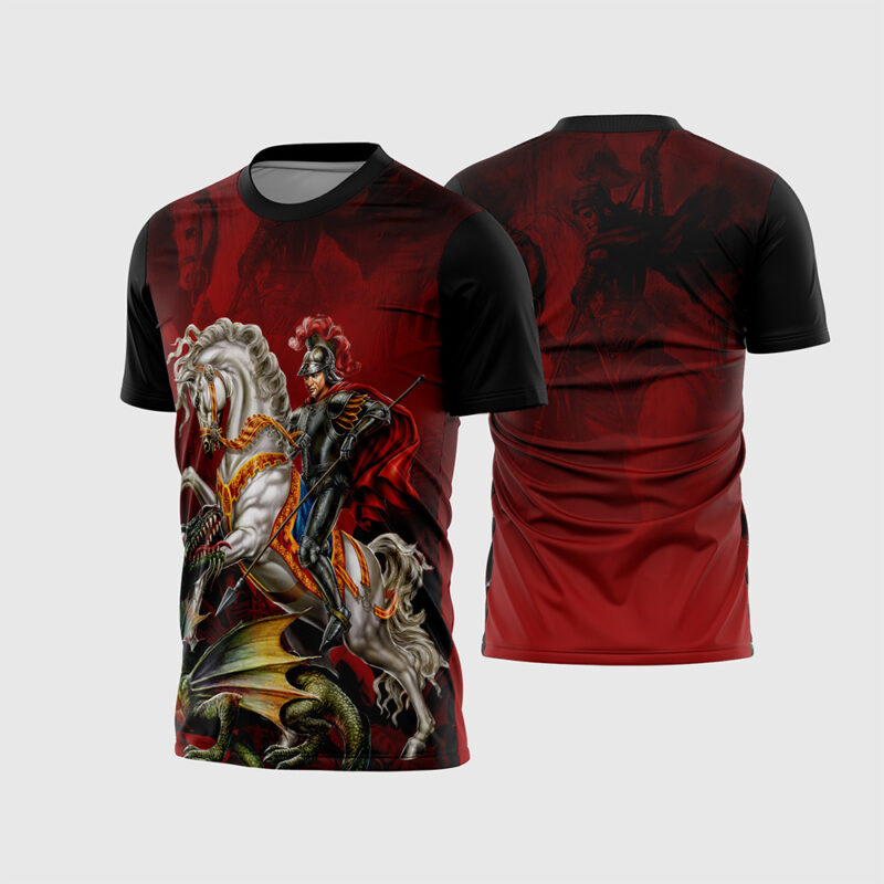 Mockup Frente e Costas Arte Vetor Camisa Religião - São Jorge vermelha e preta com ilustração realista do santo matando o dragão