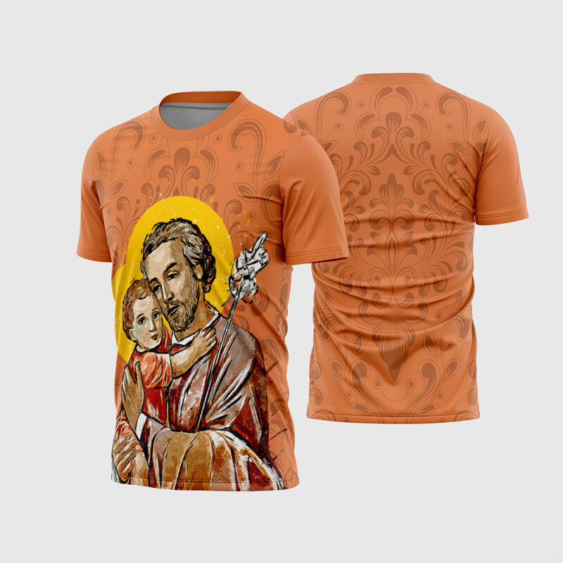 Mockup Frente e Costas Arte Vetor Camisa Religião São José vinho com ilustração de pintura do santo segurando Jesus e lírio branco