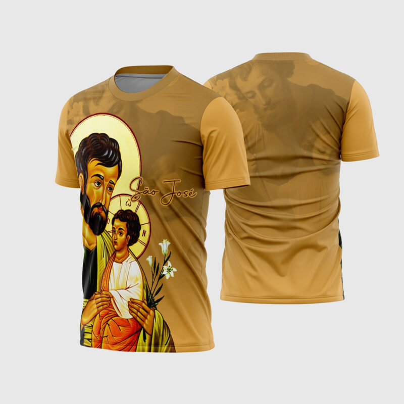 Mockup Frente e Costas Arte Vetor Camisa Religião São José vinho com ilustração de pintura do santo segurando Jesus e lírio branco