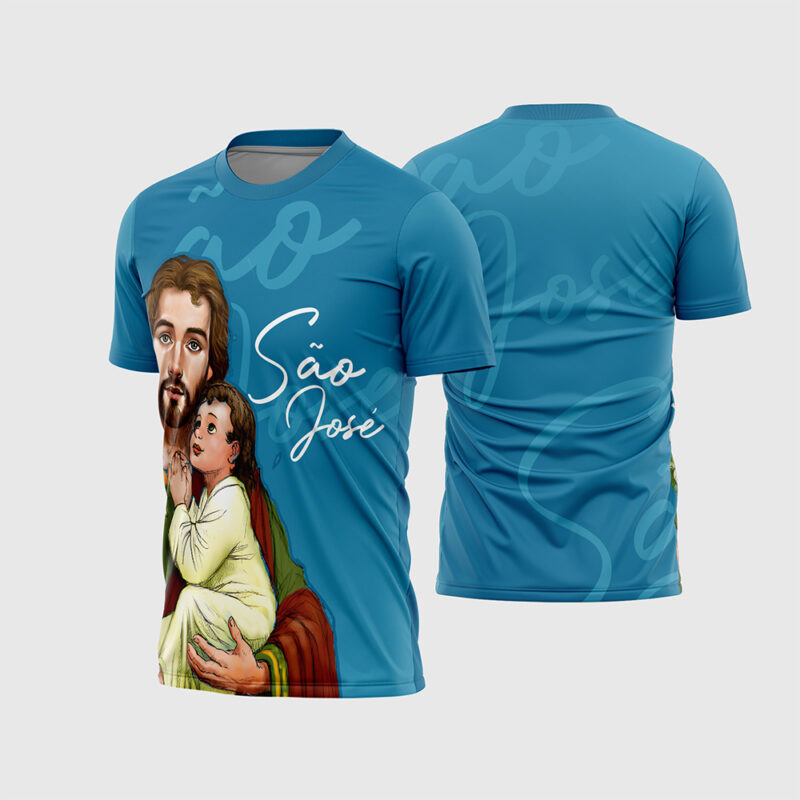Mockup Frente e Costas Arte Vetor Camisa Religião São José vinho com ilustração de pintura do santo segurando Jesus e lírio branco