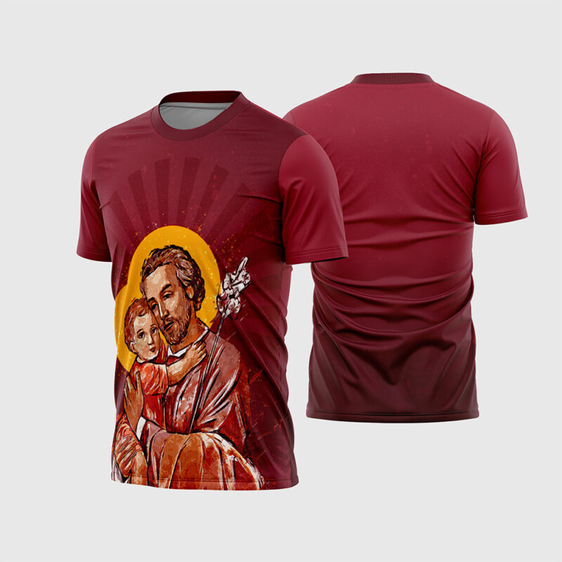 Mockup Frente e Costas Arte Vetor Camisa Religião São José vinho com ilustração de pintura do santo segurando Jesus e lírio branco
