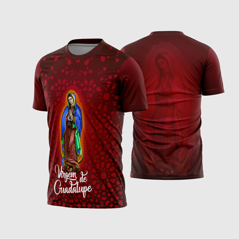 Mockup Frente e Costas Arte Vetor Camisa Religião - Virgem De Guadalupe vinho com textura geométrica e imagem da Santa