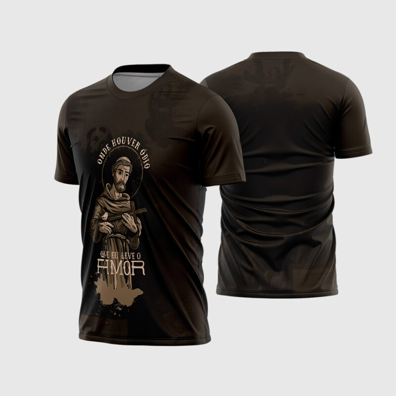 Mockup Frente e Costas Arte Vetor Camisa Religião são Francisco 2026 marrom com ilustração do santo e trecho da oração da paz