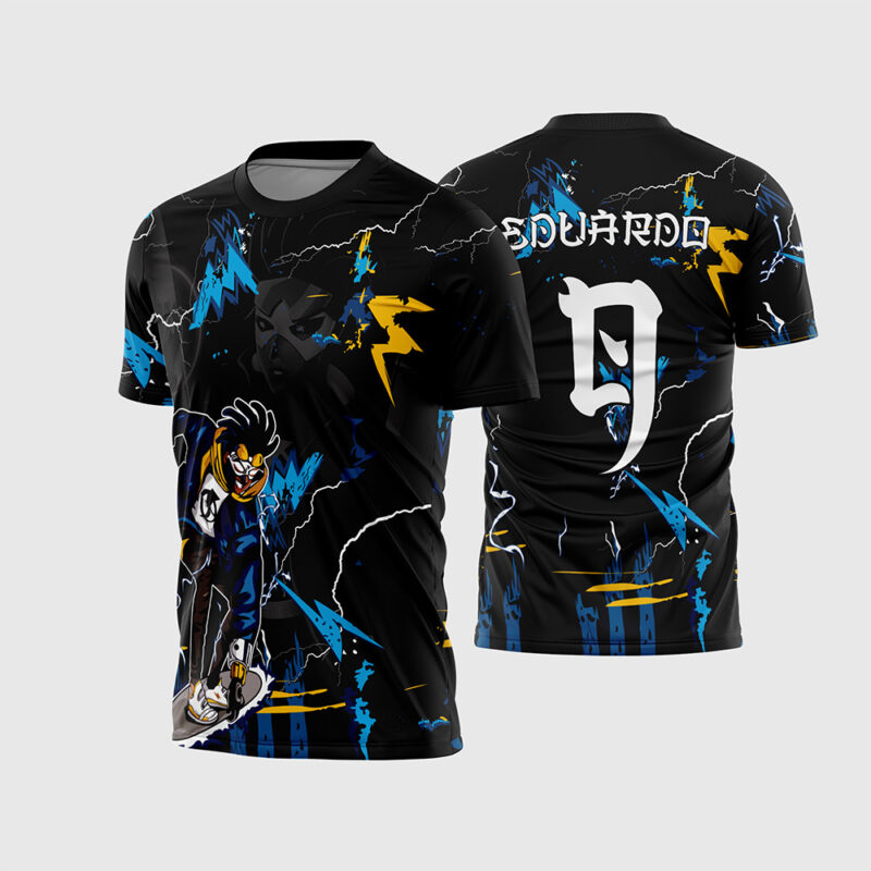 Mockup Frente e Costas Arte Vetor Camisa Super choque Interclasse preta com raios elétricos azuis e amarelos e personagem voando
