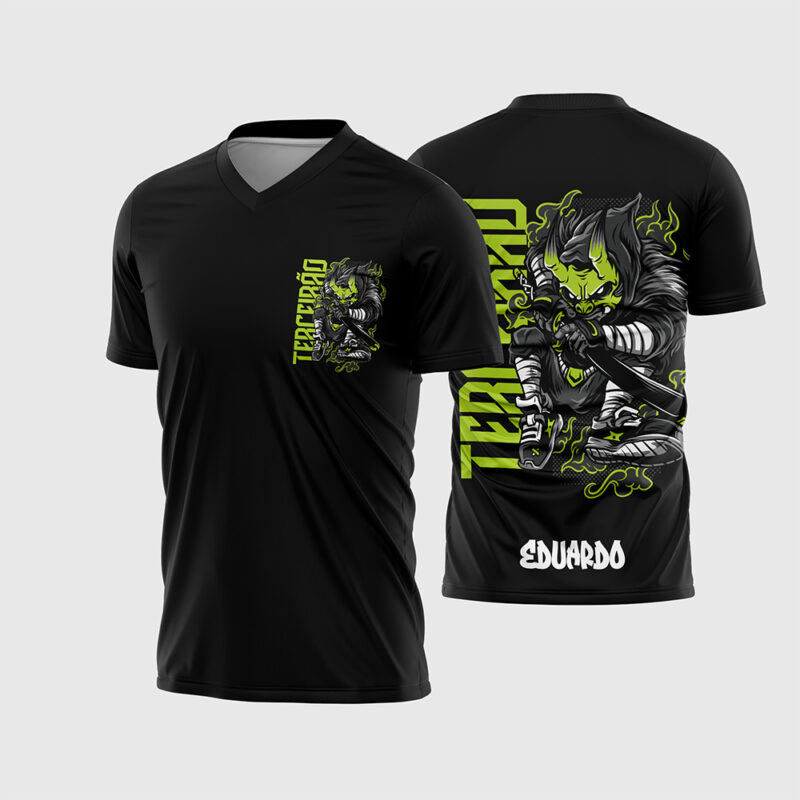 Mockup Frente e Costas Arte Vetor Camisa Terceirão Caçador Mascarado Neon preta com verde, personagem com espada e tipografia vertical