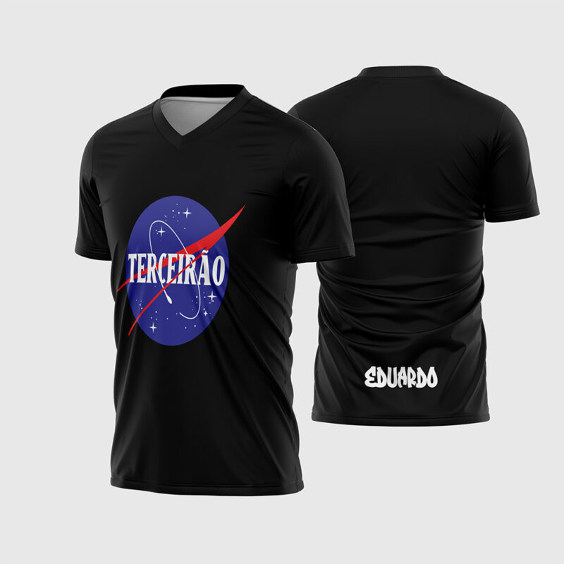 Mockup Frente e Costas Arte Vetor Camisa Terceirão Nasa preta com logo azul redondo e nome na barra traseira