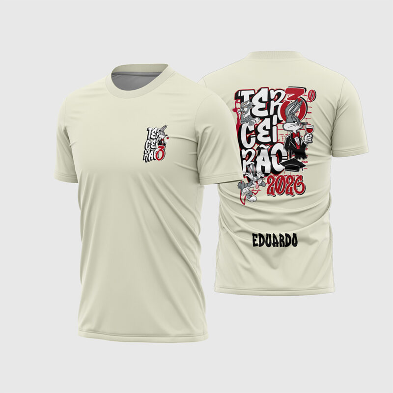 Mockup Frente e Costas Arte Vetor Camisa Terceirão Pernalonga 2026 cor creme com personagem de terno, taça e ano 2026 em vermelho