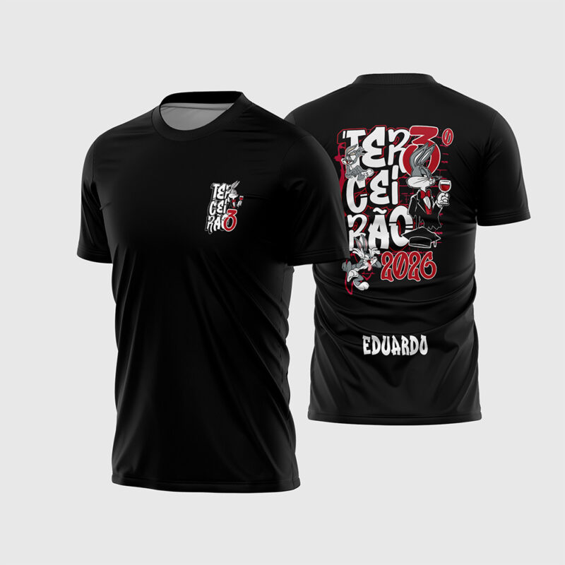 Mockup Frente e Costas Arte Vetor Camisa Terceirão Pernalonga 2026 Black preta com personagem de terno, taça de vinho e ano em vermelho
