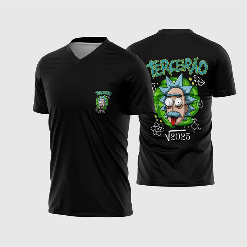 Mockup Frente e Costas Arte Vetor Camisa Terceirão Rick-Einstein preta com personagem cientista, portal verde e símbolos de física