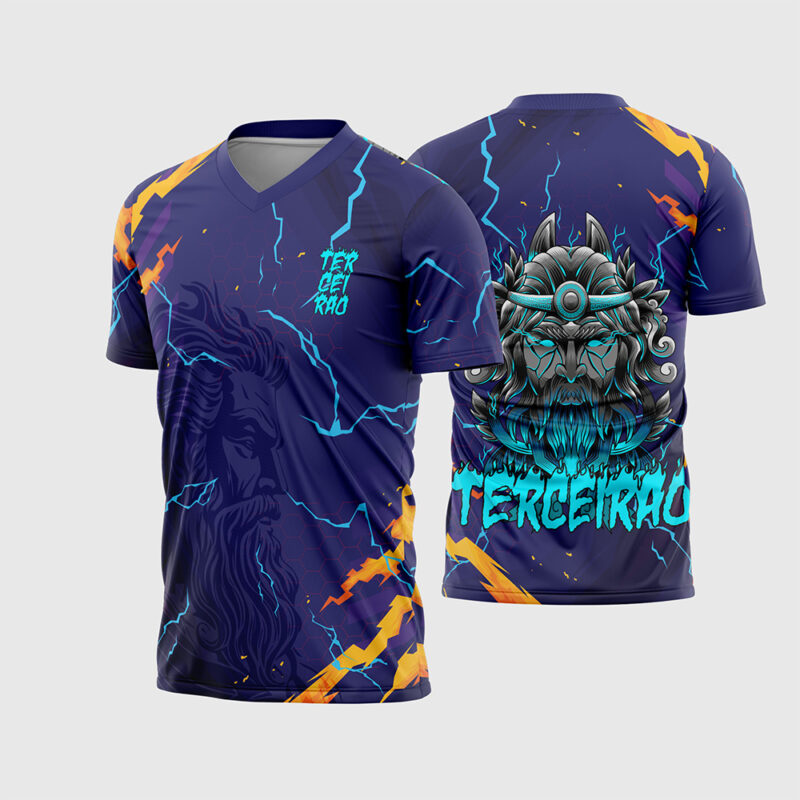 Mockup Frente e Costas Arte Vetor Camisa Terceirão Zeus Raios roxa com raios coloridos e ilustração do rosto de Zeus