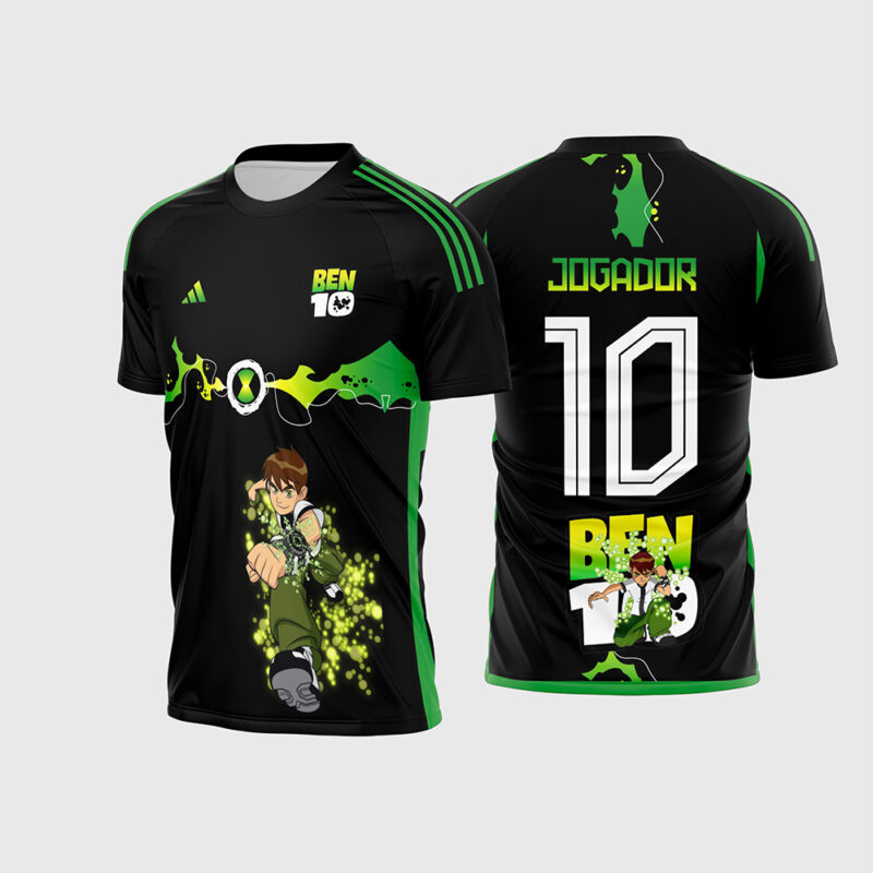 Mockup Camisa Interclasse Preta Ben 10 com detalhes em verde neon e Omnitrix frente e costas