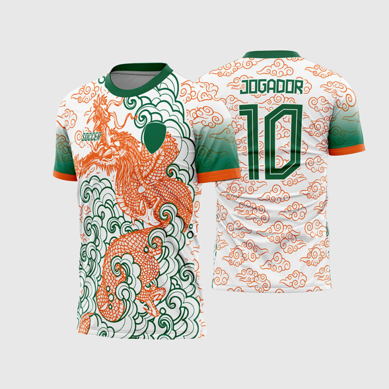 Mockup Camisa Interclasse Branca com Dragão Oriental Laranja e Nuvens Verdes frente e costas