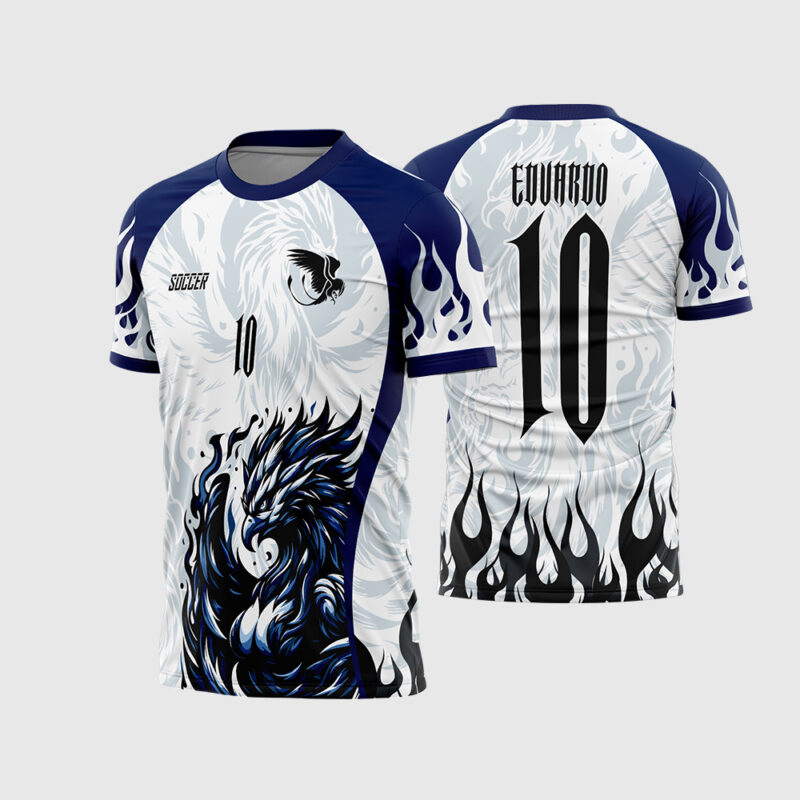Mockup Camisa Interclasse Branca e Azul com Fênix estilizada e chamas nas mangas frente e costas
